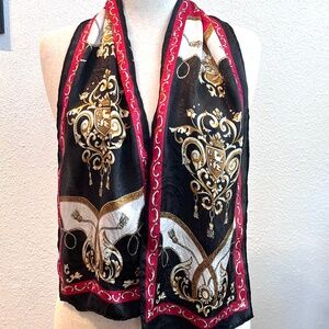 Vintage Long Rectangular Brocade Satin Scarf in Black, Red, White, Brass
